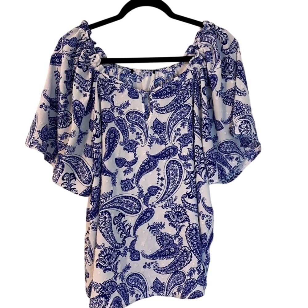 Vince Camuto Blue White Paisley Clip Dot Off Shoulder Blouse Top 2X Boho Beach